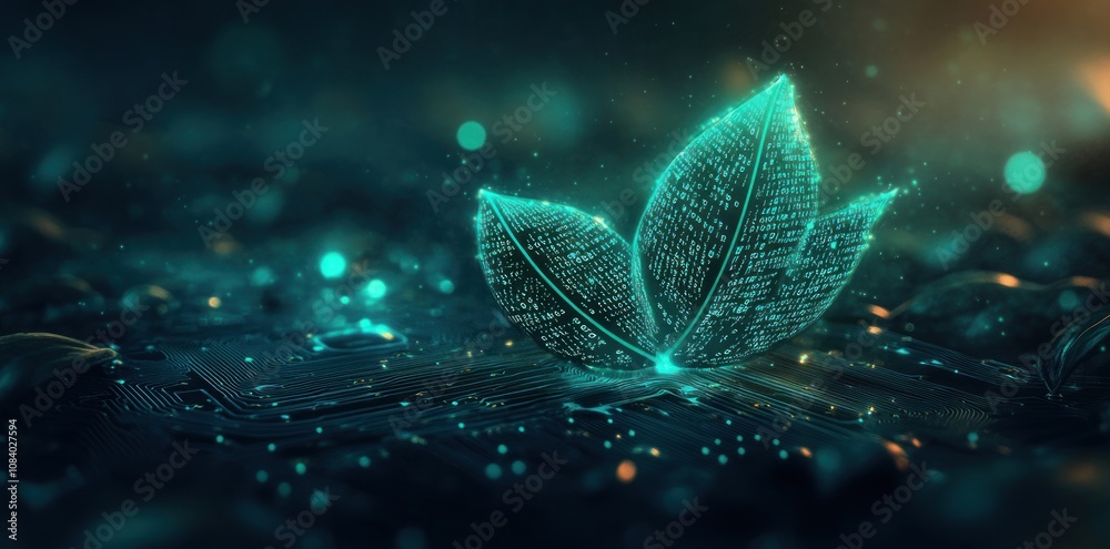Poster a glowing digital leaf on a circuit board, symbolizing the fusion of nature and technology.