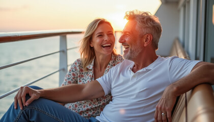 Happy couple enjoying sunset on luxury cruise ship deck