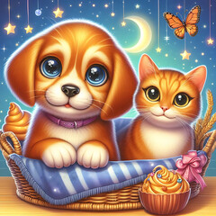 Fototapeta premium A cat and dog snuggle together in a basket, with a colorful cupcake placed beside them.