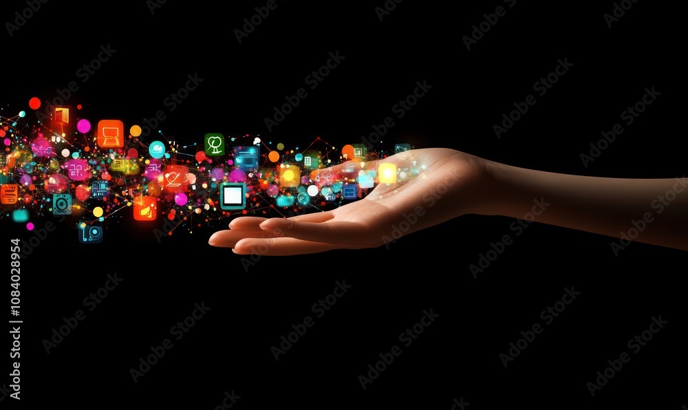 Poster A hand releasing colorful digital icons and lights, symbolizing technology and connection.