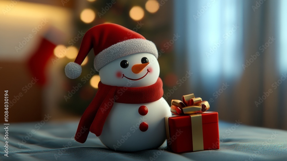 Poster a snowman with a red scarf and a red hat is holding a red box