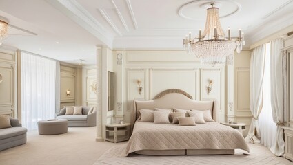 Fototapeta premium A modern and luxurious bedroom with a comfortable sofa, cozy throw pillows and modern decor.