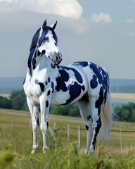 Fantasy Shiny white and blue horse standing on grass in scenic landscape