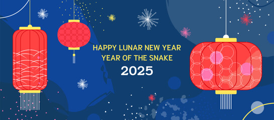 2025 Lunar New Year Banner. Year of the Snake Celebration Design with Red Lanterns, Fireworks, and Traditional Chinese Decorations on Blue Background