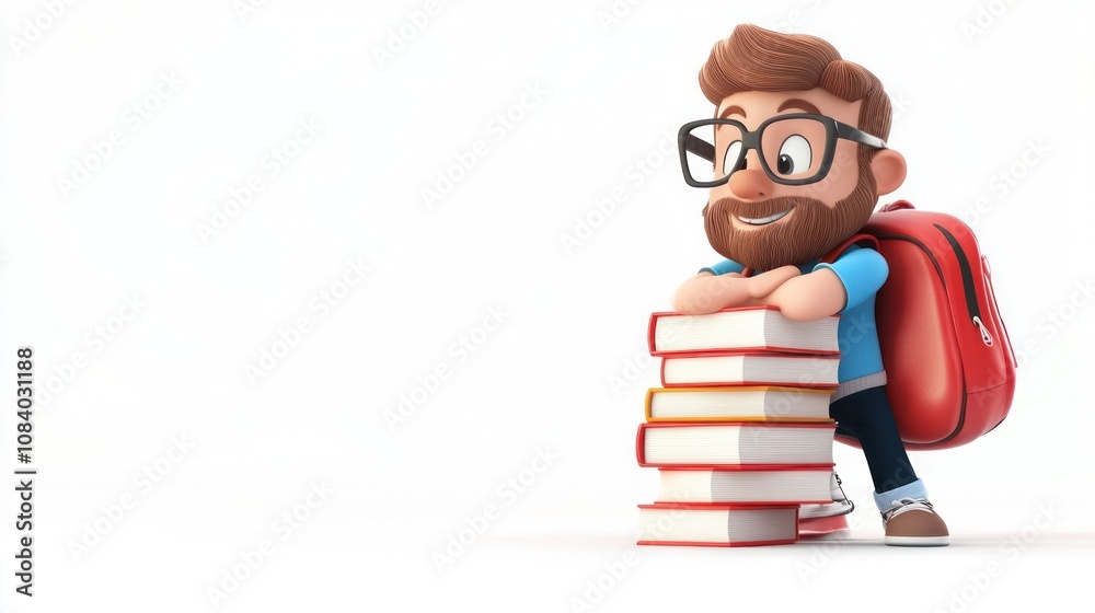 Poster A cheerful character with glasses and a backpack leans on a stack of books, symbolizing learning.