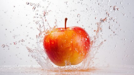 A Red Apple Splashing into Water, Creating a Spectacular Water Droplet Display