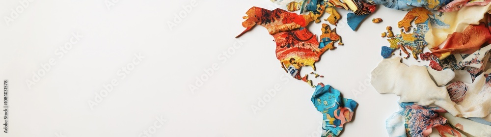 Poster a colorful, artistic representation of a world map made from fabric pieces.