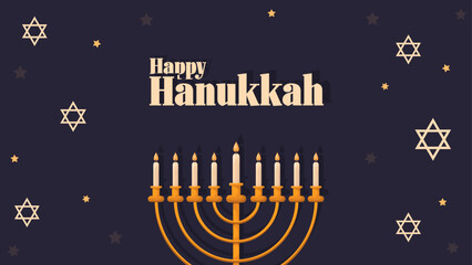 Happy Hanukkah Jewish Holiday Social Media Post Template.Hanukkah on burgundy horizontal background with holiday candles and David stars.Design for Jewish Festival of light. Place for your text.