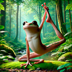 Cute frog doing yoga. Teaching yoga and eastern school. Meditation in nature