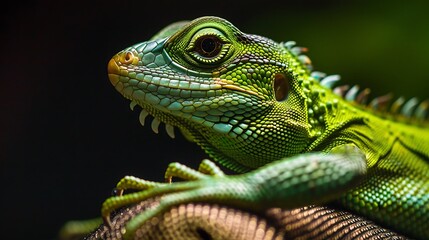 Obraz premium A close-up of a vibrant green lizard showcasing intricate scales and textures.