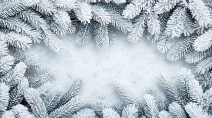 Detailed close up view of snow covered pine tree branches with delicate icy crystals and festive winter in a tranquil seasonal landscape