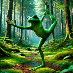 Cute frog doing yoga. Teaching yoga and eastern school. Meditation in nature