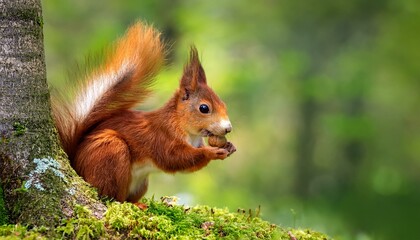 Cute red squirrel, sciurus vulgaris, eating a nut in green spring forest with copy space