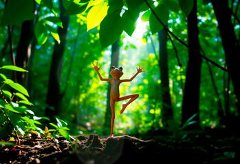 Cute frog doing yoga. Teaching yoga and eastern school. Meditation in nature