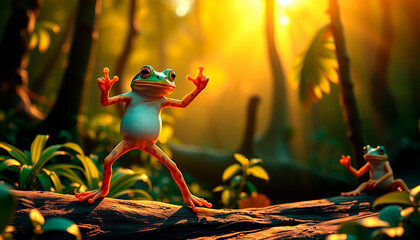 Cute frog doing yoga. Teaching yoga and eastern school. Meditation in nature