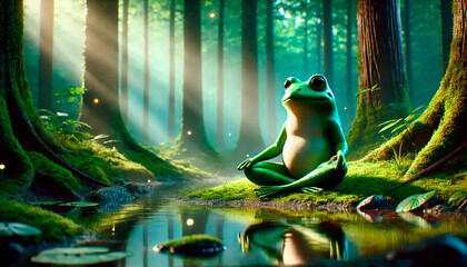 Cute frog doing yoga. Teaching yoga and eastern school. Meditation in nature