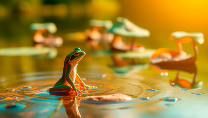 Cute frog doing yoga. Teaching yoga and eastern school. Meditation in nature