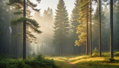 Obraz premium A tranquil forest scene with tall pine trees partially covering the morning mist, soft sunlight filtering through the trees. It creates a tranquil and magical atmosphere.