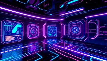 Obraz premium The modern and glowing interface concept consists of a holographic screen, geometric lines and bright neon colors.