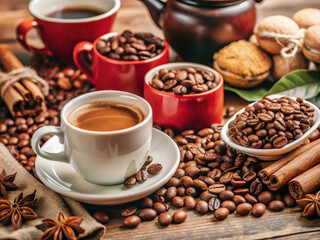 Fototapeta premium Hot coffee in the cup with coffee beans