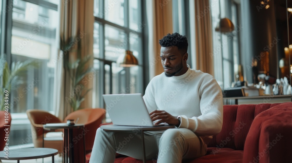 Poster a man is sitting on a red couch and using a laptop