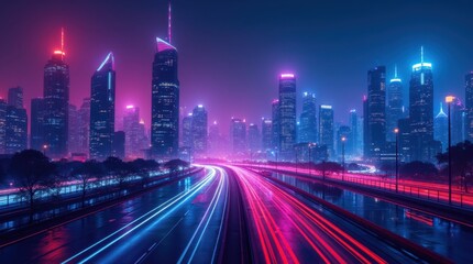 Obraz premium Futuristic Neon Cityscape at Night