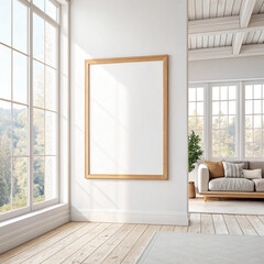 Fototapeta premium Elegant Living Room Poster Mockup with Modern Home Decor. 3D Interior Design Scene.