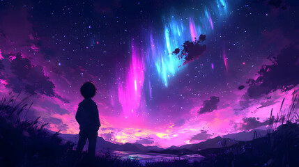Naklejka premium Night Sky Illustration: Starry Landscape with Aurora