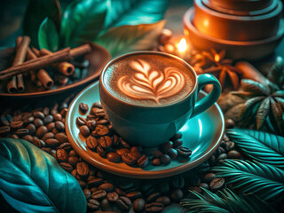 Obraz premium Hot coffee in the cup with coffee beans