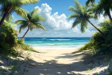 Obraz premium Palm Trees Frame Secluded Beach Pathway to Ocean