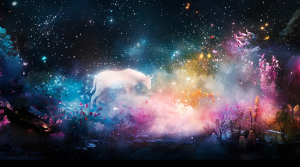 Fototapeta premium surreal scene featuring glowing white unicorn amidst vibrant, colorful landscape filled with flowers and stars. atmosphere is magical and dreamlike