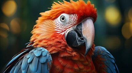 Fototapeta premium Colorful portrait of Amazon red macaw parrot against jungle. Side view of wild ara parrot head on green background. Wildlife and rainforest exotic tropical birds