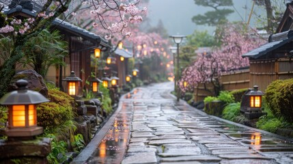 Fototapeta premium Misty cobblestone lane, cherry blossoms, lanterns.