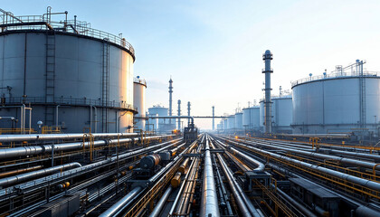 Obraz premium A sprawling energy hub with LNG tanks, pipelines, and advanced gas distribution systems.