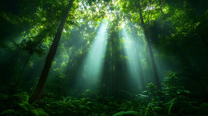 Obraz premium Luminous Forest Illustration: Sunbeams Through Lush Green Canopy
