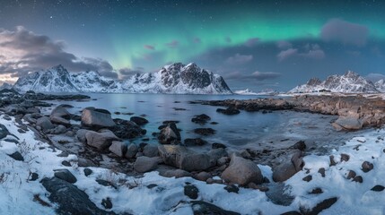 Obraz premium Here's a description and keywords for your stock photo.. Panoramic view of aurora borealis over snow-covered mountains and tranquil bay at twilight.