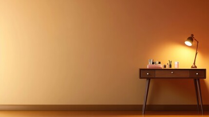 Minimalist interior with a desk and lamp against a warm wall.