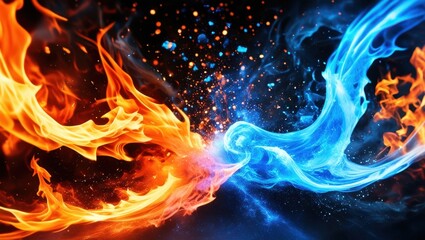 Fototapeta premium fire and ice collision, swirling elemental forces, orange flames, blue energy, cosmic battle, contrasting colors, dynamic composition, abstract art, magical effects, fantasy illustration, high contras