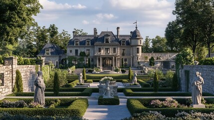 Obraz premium Elegant French château surrounded by vineyards, classic stone walls, intricate gardens with statues