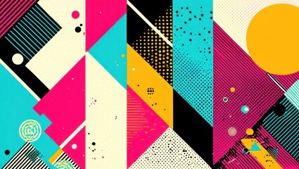 Obraz premium Geometric abstract composition, vibrant colors, retro Memphis style, bold shapes, diagonal lines, colorful circles, black grid patterns, teal blue background, neon pink triangle, yellow circle, layere