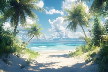 Obraz premium Palm Trees Frame Tropical Beach Path to Shore