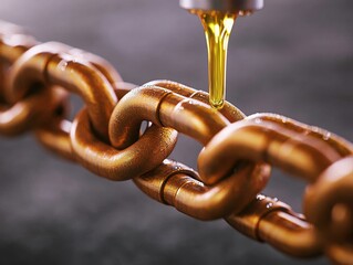Close-up of oil being applied to golden metal chain links, highlighting maintenance, lubrication, and industrial care for mechanical parts.