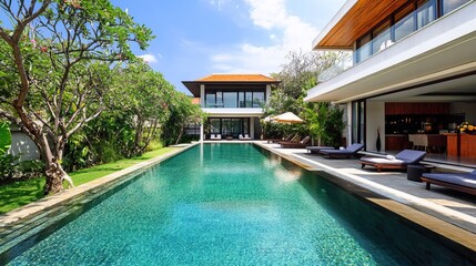 Fototapeta premium High-end minimalist house with large swimming pool, sleek lines, clean landscape design 