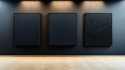 Three large dark textured canvases hang on a dimly lit wall, with wooden parquet flooring beneath, in a minimalistic gallery setting.