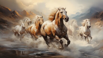 Obraz premium combination of Seven running white horses wall painting mountain morning view background. Majestic and powerful scene with splashing effects.