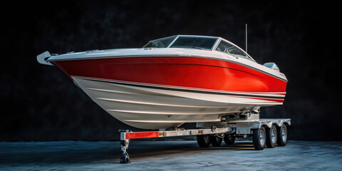 Red and white motorboat standing on a trailer in a dark garage