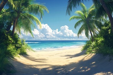 Obraz premium Palm Trees Framing Golden Sand Beach Path to Ocean Horizon