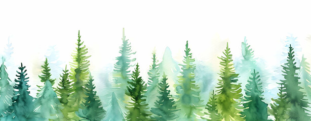 Obraz premium A watercolor forest of evergreen trees in soft greens and blues