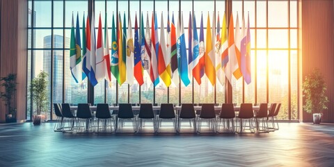 Business meeting set up at an international conference with global banners,space for text
