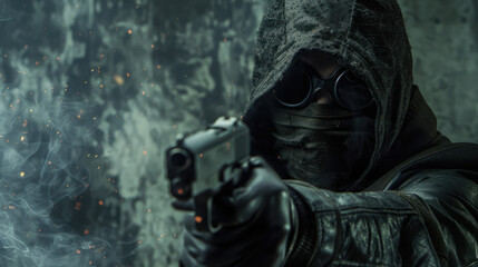 Criminal pointing a gun at the camera